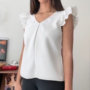 Marc New‎ York Andrew Marc White Ruffle Sleeve Top Textured Sleeveless Blouse
